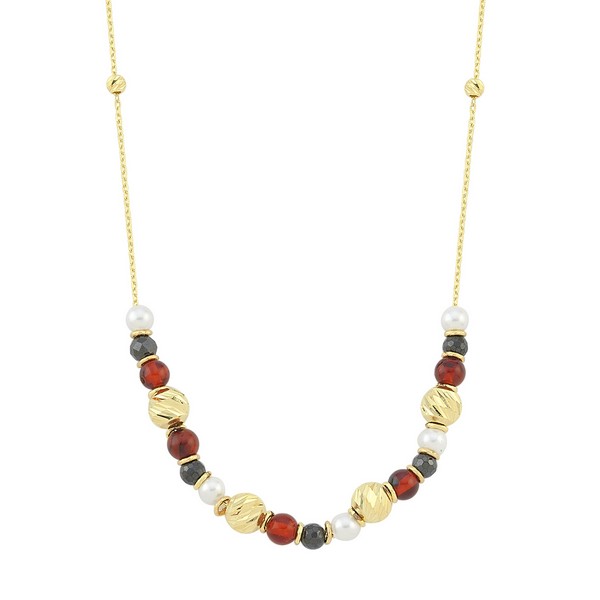 
	Gold Amber, Pearl and Black Crystal Design Necklace
