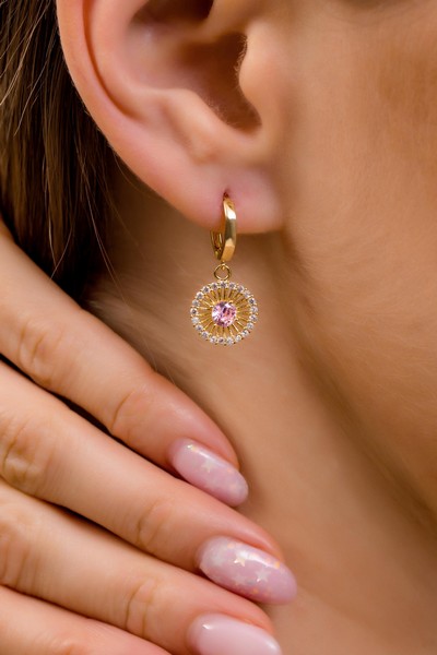 
	Gold Pink Stone Earrings, 