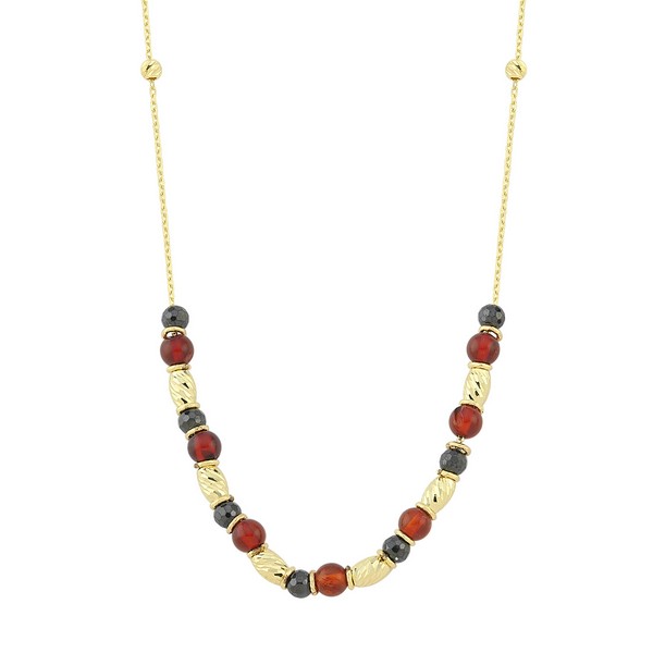 
	Gold Black Crystal and Amber Design Necklace, 