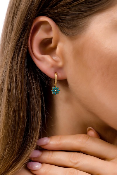 
	Gold Turquoise Flower Design Earrings, 